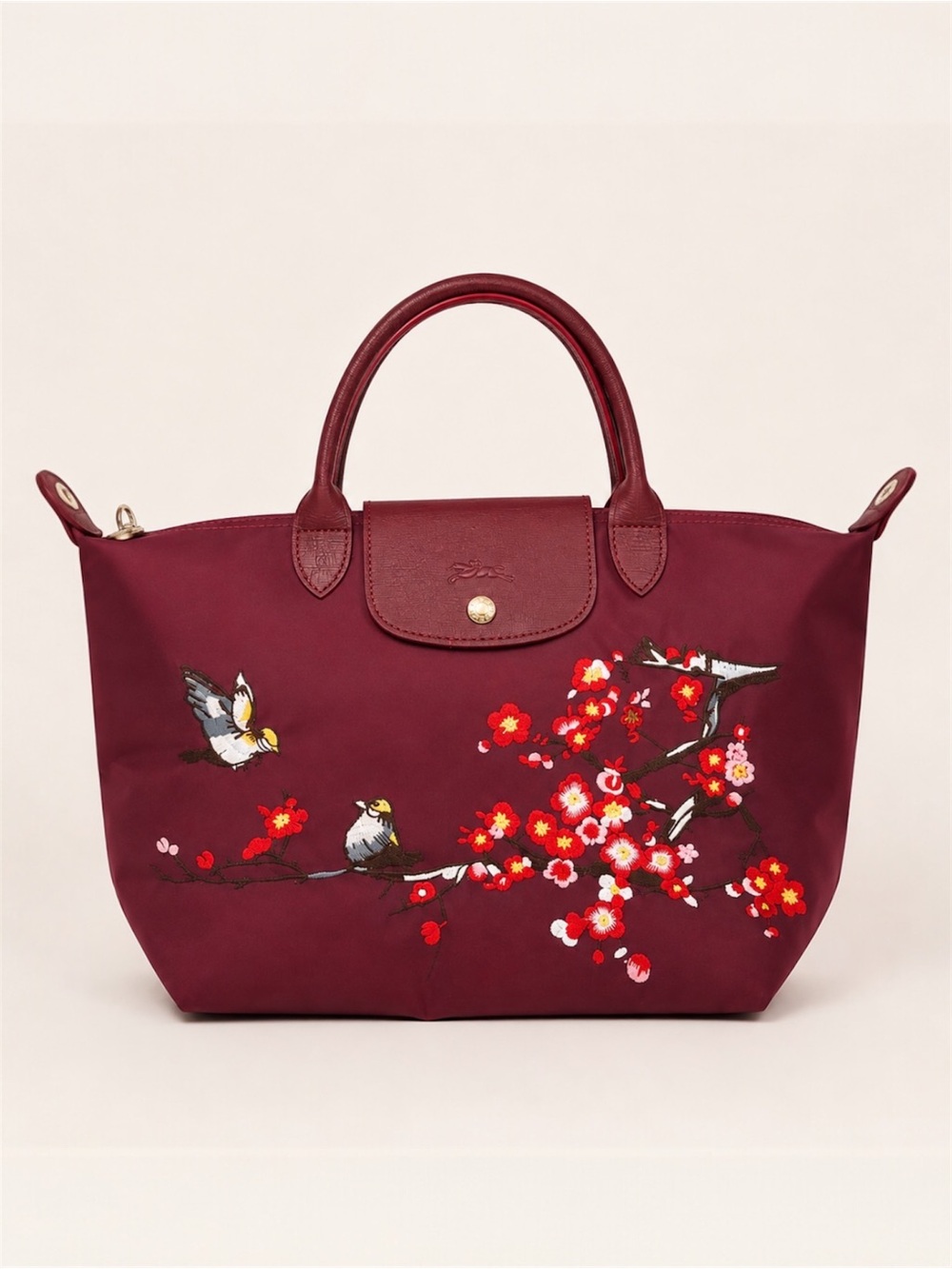 Longchamp Le Pliage Burgundy Embroidered Bird & Floral Top Handle Tote Bag